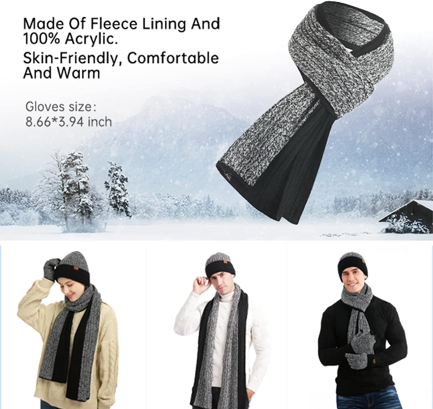 Winter Hats Scarf for Men with Touchscreen Gloves Men'S Scaves and Beanie Hat Themal Glove Set for Men Women