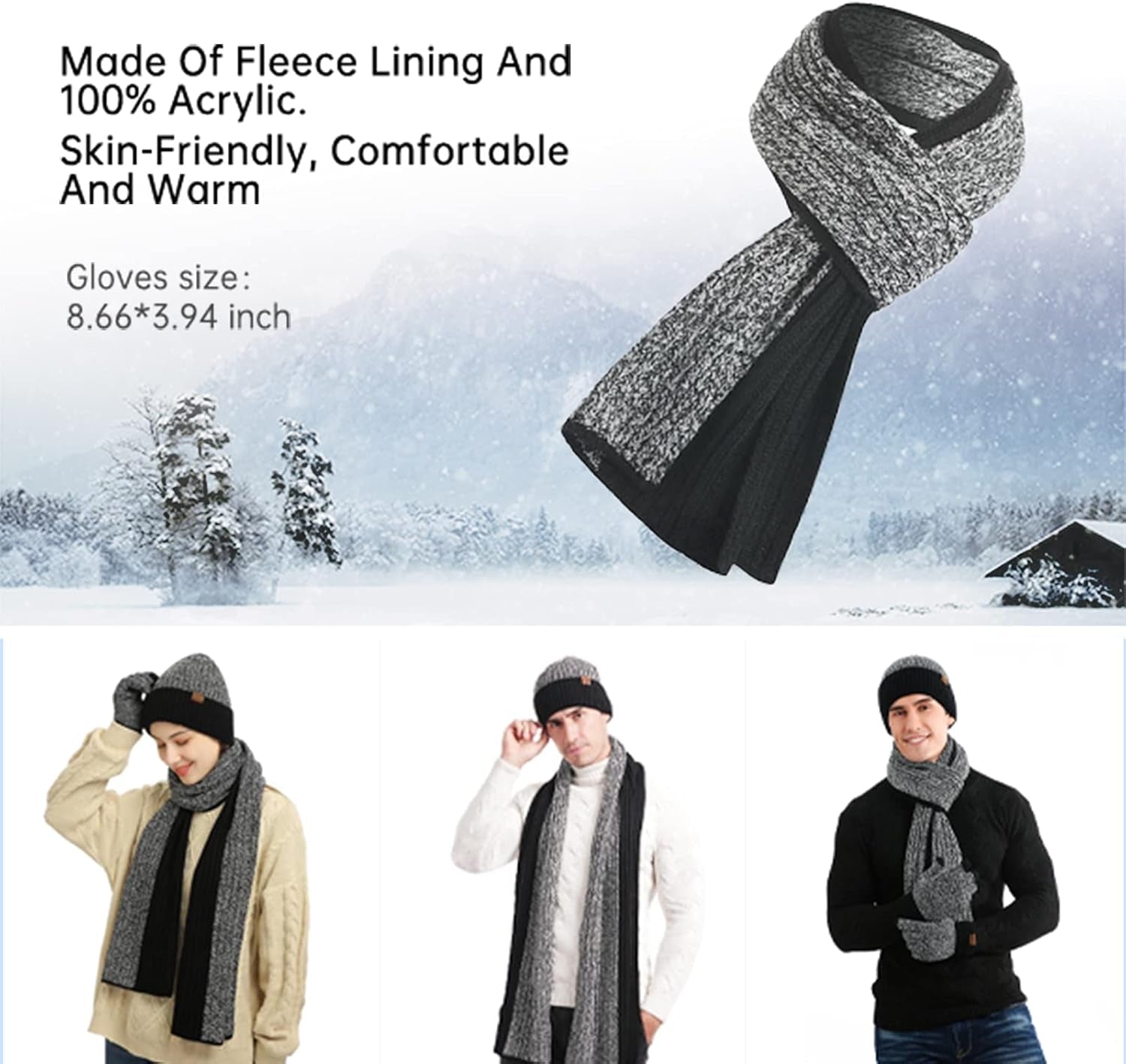 Winter Hats Scarf for Men with Touchscreen Gloves Men'S Scaves and Beanie Hat Themal Glove Set for Men Women